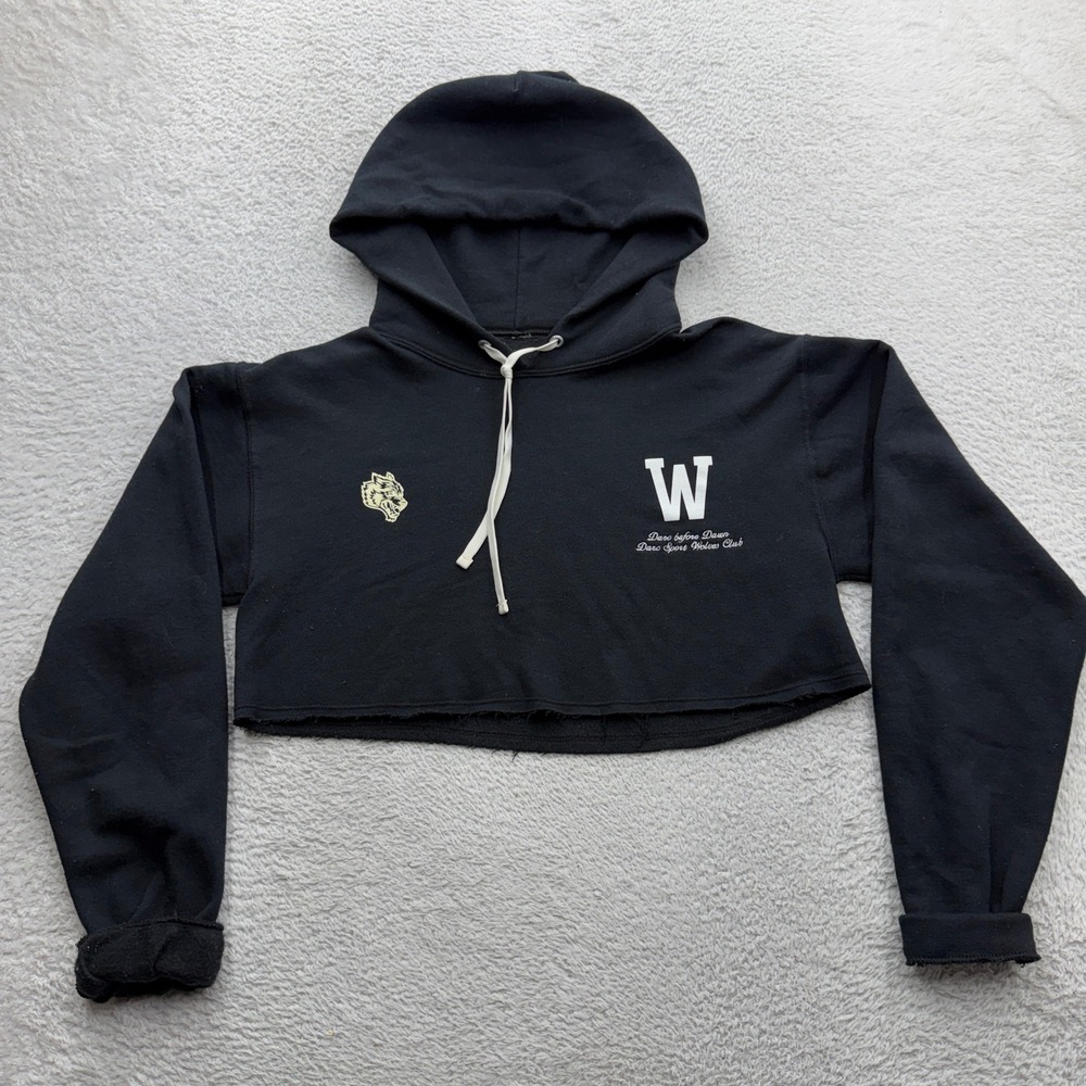 Darc Sport Wolves Club Cropped Hoodie Black Graphic Gym Sweatshirt Womens